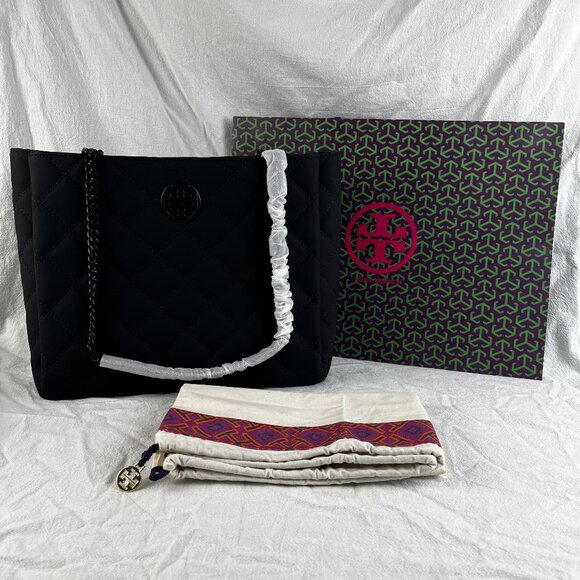 Tory Burch Black Matte Quilted Tote Bag - Picture 1 of 11